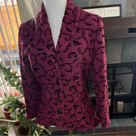 Pendleton Jackets & Blazers - Pendleton Blazer Burgundy Black Flocked Scroll Wool Vintage High Low Sz S